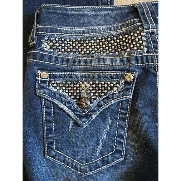 Miss Me Jeans Sz 27 Boot Rhinestone Belt Sparkle Flap Pocket Lo Rise Medium Wash - Picture 3 of 10